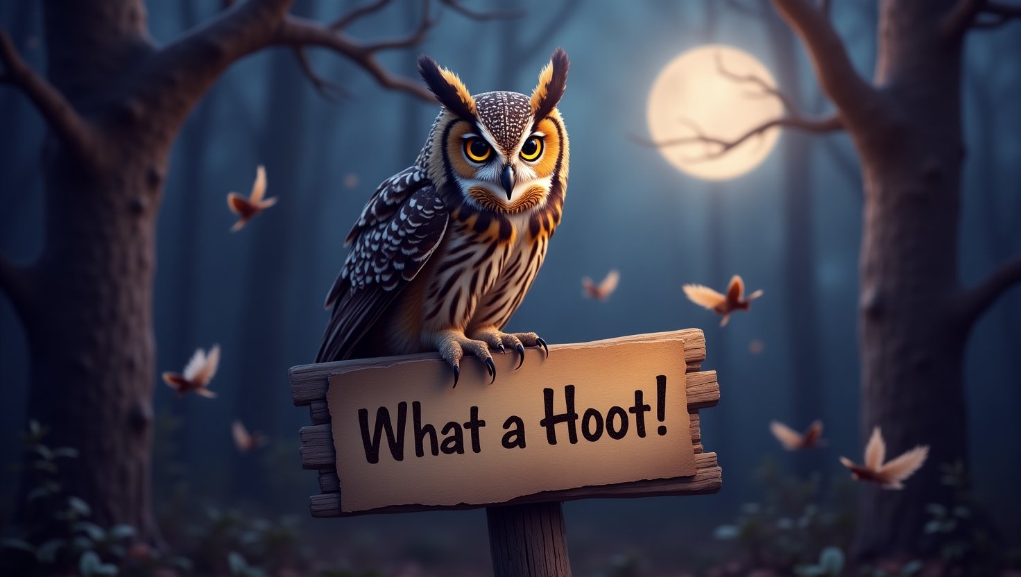 Realistic owl perched on a wooden sign that reads “What a Hoot!” in a moonlit forest setting, with playful details like scattered feathers and a scroll, representing a humor blog post about owl puns and jokes.