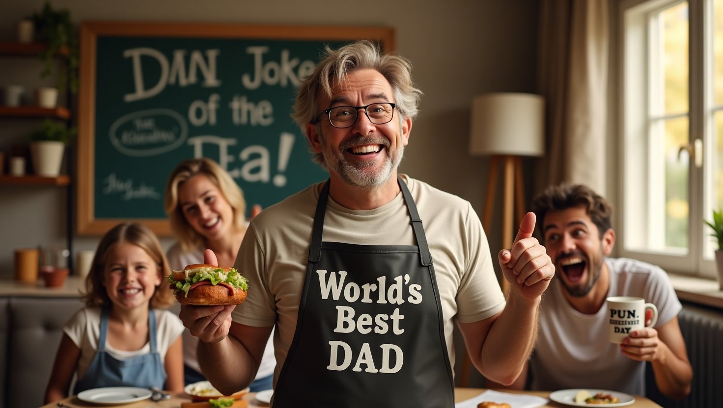Dad telling a cheesy joke while family laughs and groans in a cozy living room.