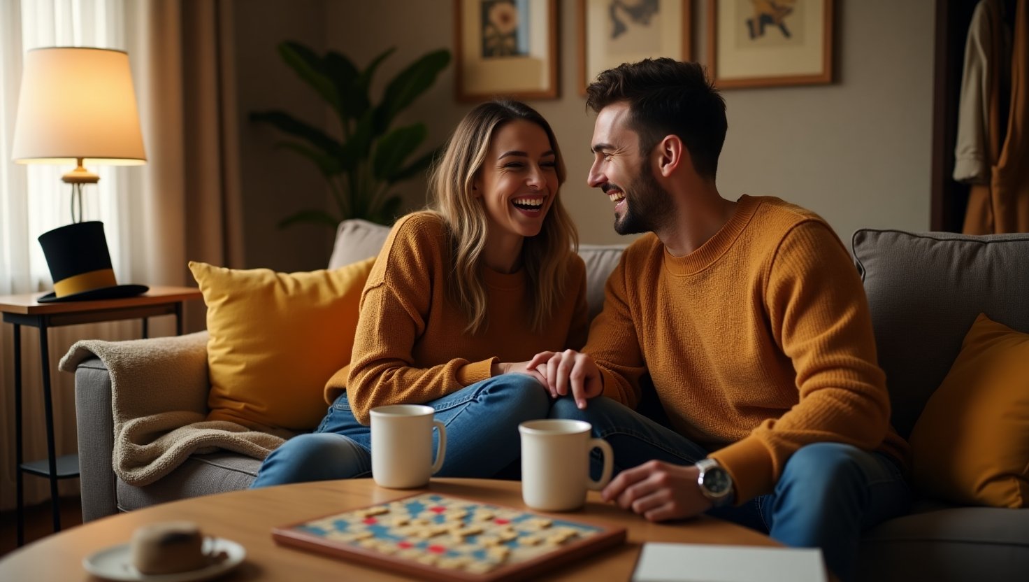 Smiling couple plays Scrabble with flirty wordplay on the board, surrounded by cozy decor and a notebook of clever puns
