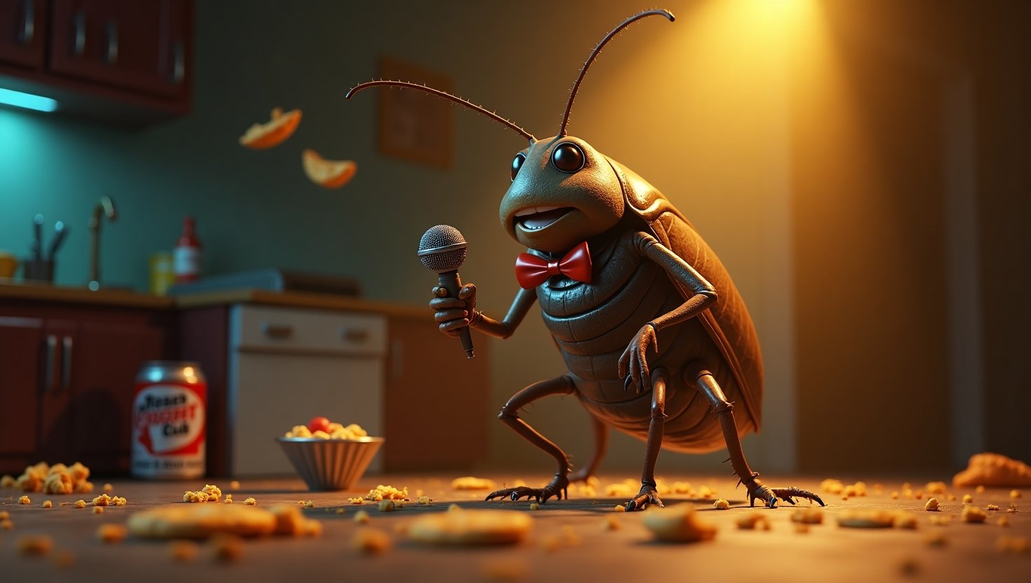 A giant cartoon cockroach in a bowtie performs stand-up comedy on a tiny kitchen stage, surrounded by laughing roaches and food crumbs.