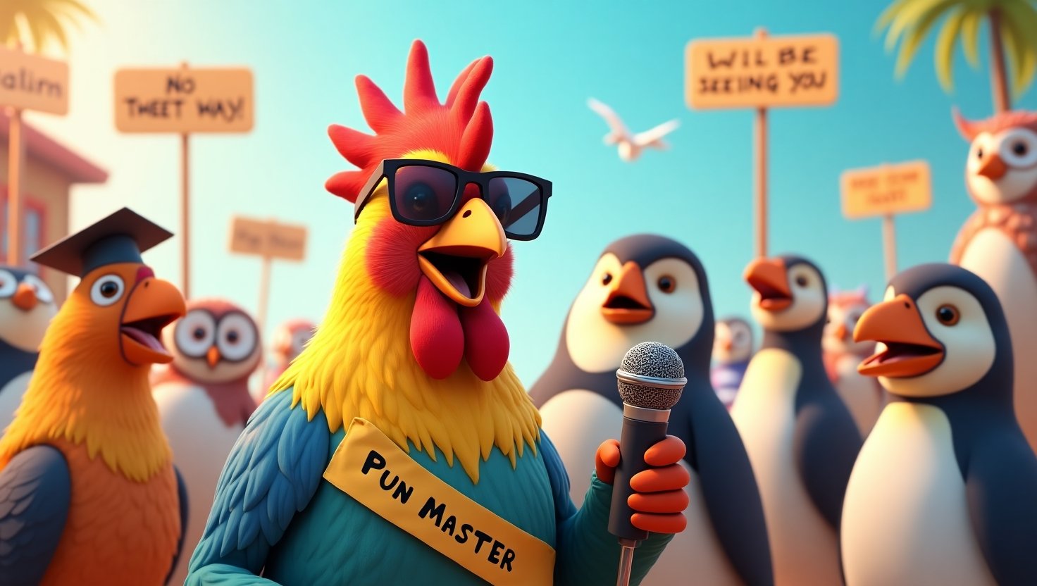 Colorful illustration of laughing birds (chickens, owls, parrots, penguins) at a comedy club with speech bubbles showing puns like 'No Clucking Way!' and 'Owl Be Seeing You!' for a blog post about funny bird puns.