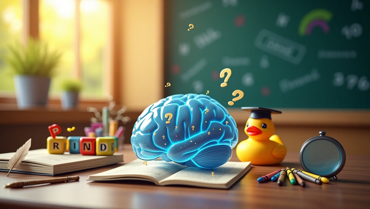 150+ fun kids' riddles with answers: Brain teasers, puzzles, and glowing question marks on a realistic brain, keys, and notebook for family learning.