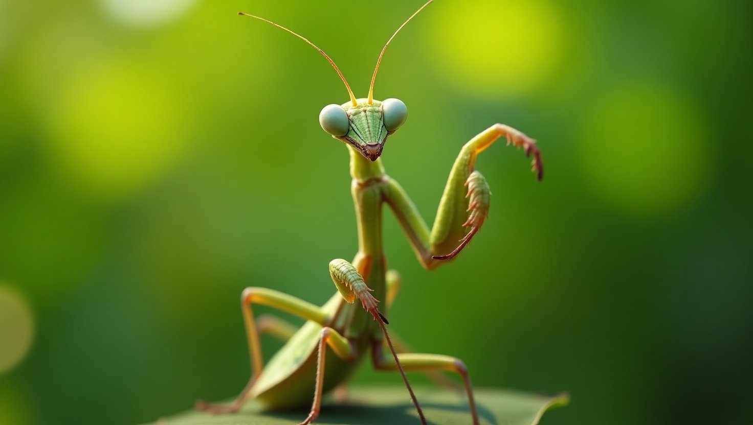 A realistic praying mantis perched on a green leaf in a garden, appearing thoughtful and witty, with a soft-focus nature background.